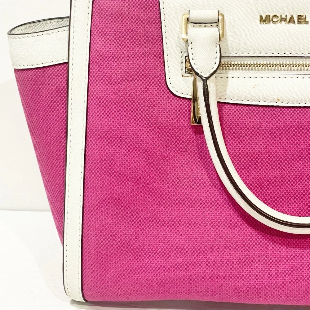 MICHAEL KORS Pink Canvas w/ White Leather Trim‎ Handbag Satchel Crossbody Bag